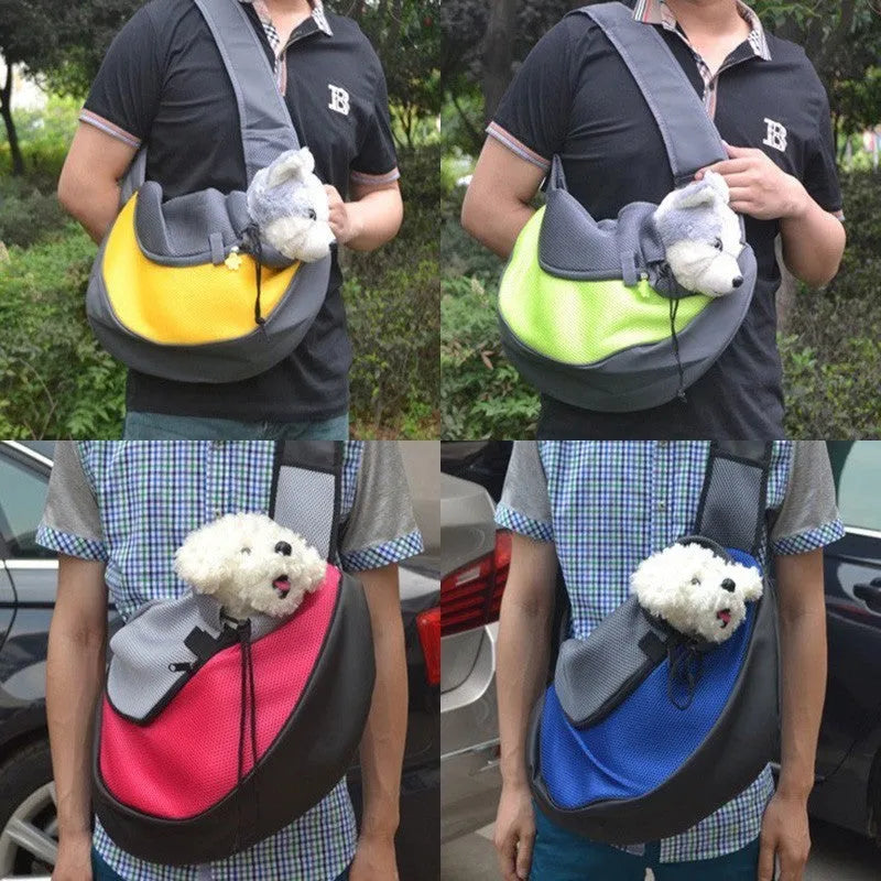 Blue padded pet backpack for a small dog, showing backpack straps and mesh ventilation panel.