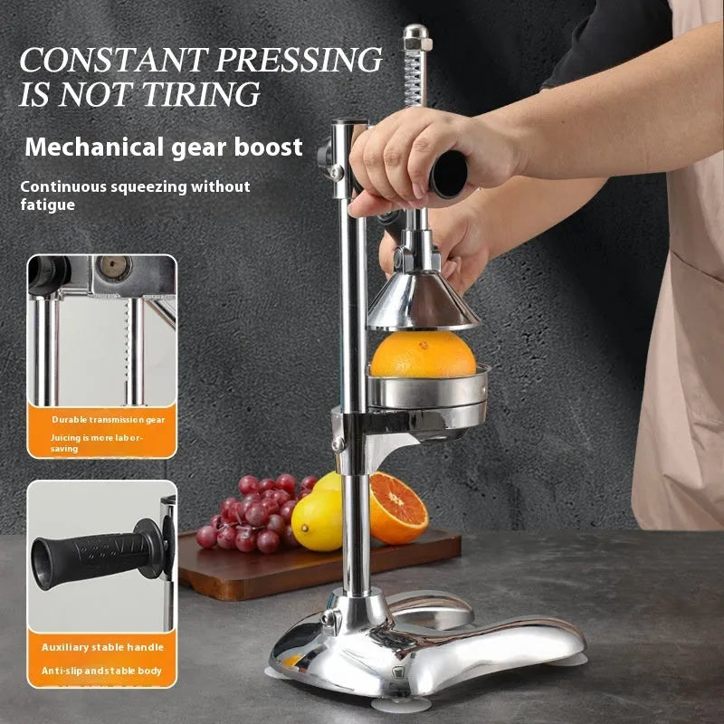 Vertical stainless steel manual juicer in multiple colours with different head style options.