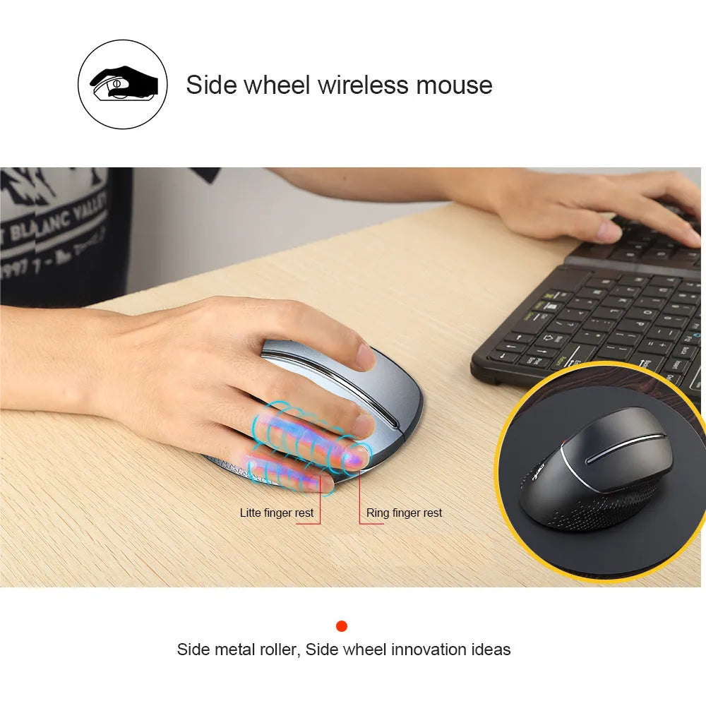 T32 wireless ergonomic vertical mouse in black matte finish showing aluminium side roller and USB receiver.