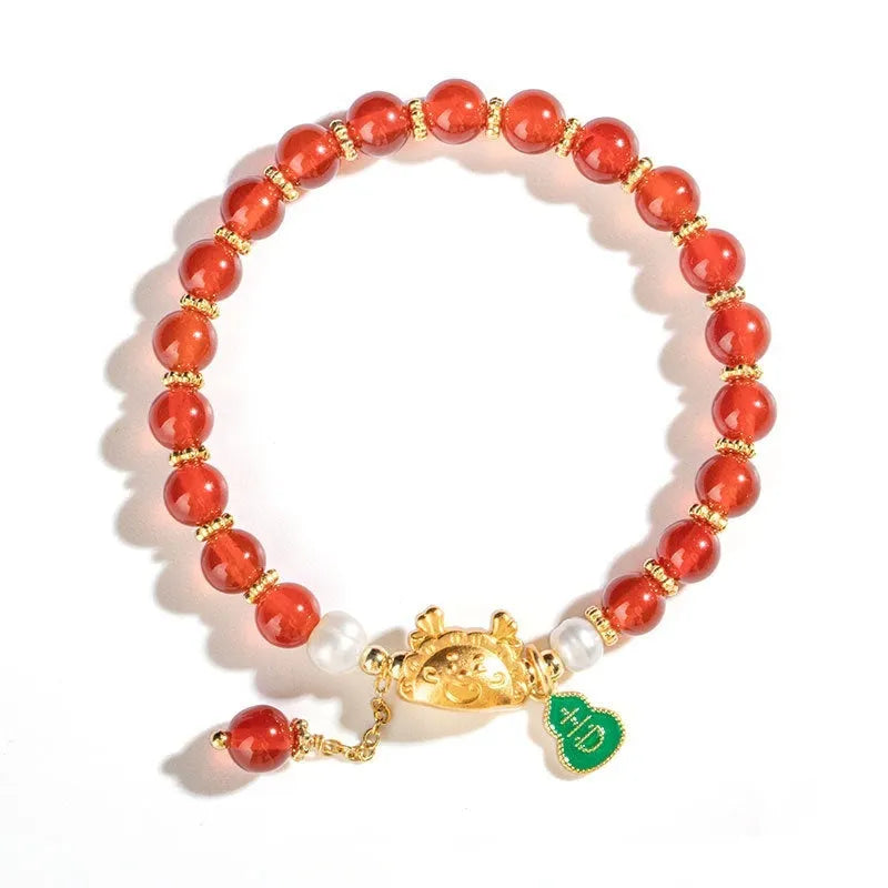 Natural agate bracelet with 8mm diamond-cut beads and dragon zodiac design in five colour options