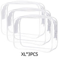 Set of three semi-transparent PVC makeup bags in pink with Labubu stickers, showing large and extra-large sizes.