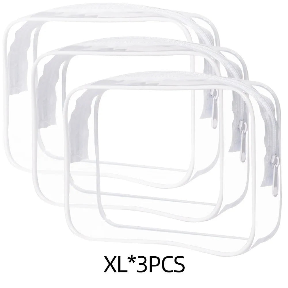 Set of three semi-transparent PVC makeup bags in pink with Labubu stickers, showing large and extra-large sizes.
