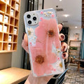 Floral TPU phone case with large flower pattern, available in pink and yellow versions, showing back cover design for iPhones