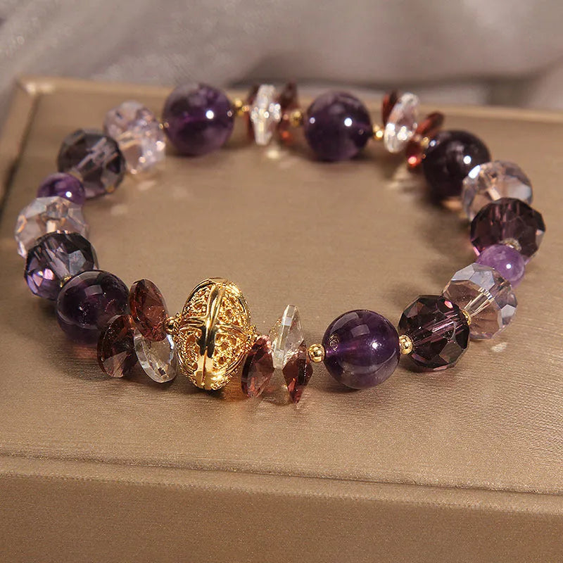 Purple crystal women's bracelet with pumpkin lucky beads and rhinestone decorative elements