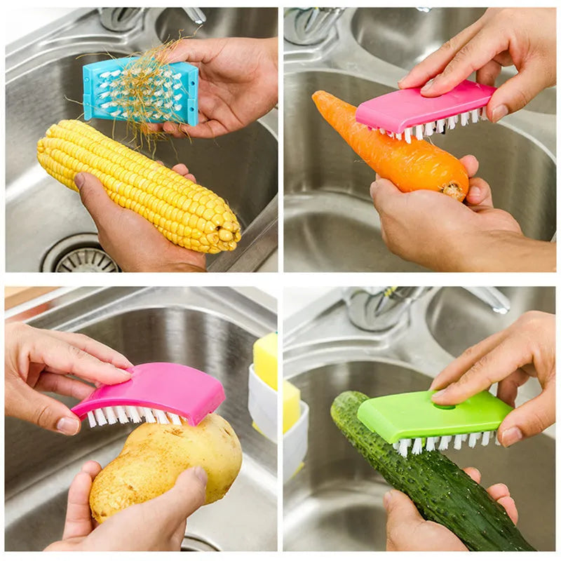 Blue kitchen cleaning brush with suction cup showing knife and fork design for washing fruits and vegetables