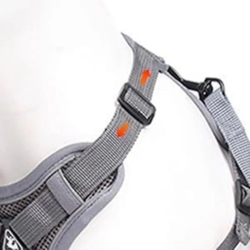 A blue mesh cat harness with adjustable straps and a leash, shown on a white background.