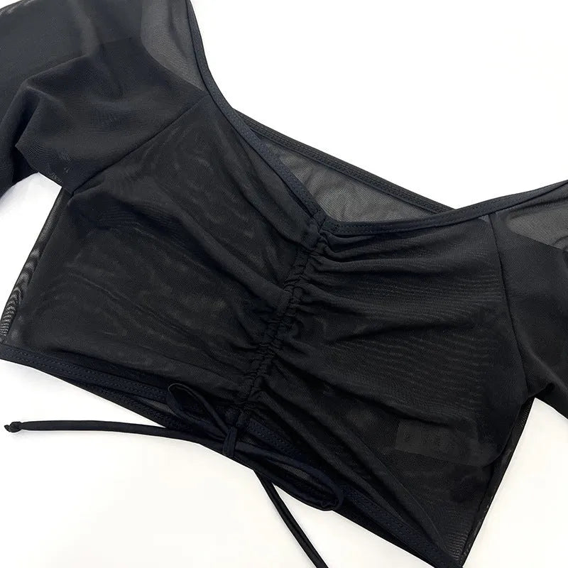 Black mesh bikini four-piece set with long sleeve top and briefs for women's swimming