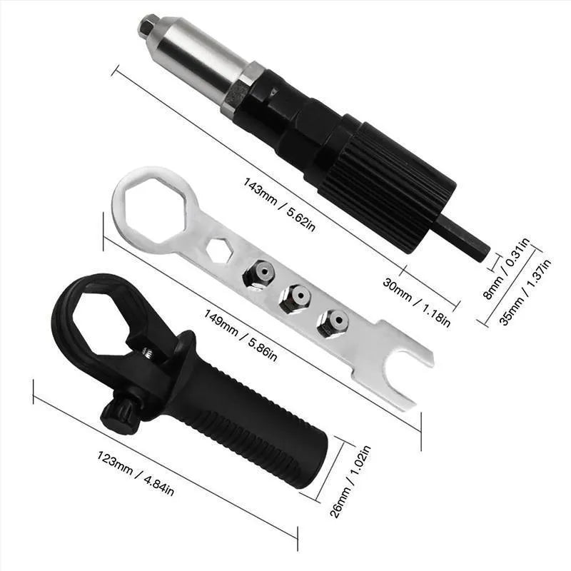 Alloy steel electric drill rivet gun adapter with four rivet heads, a handle, and a wrench.