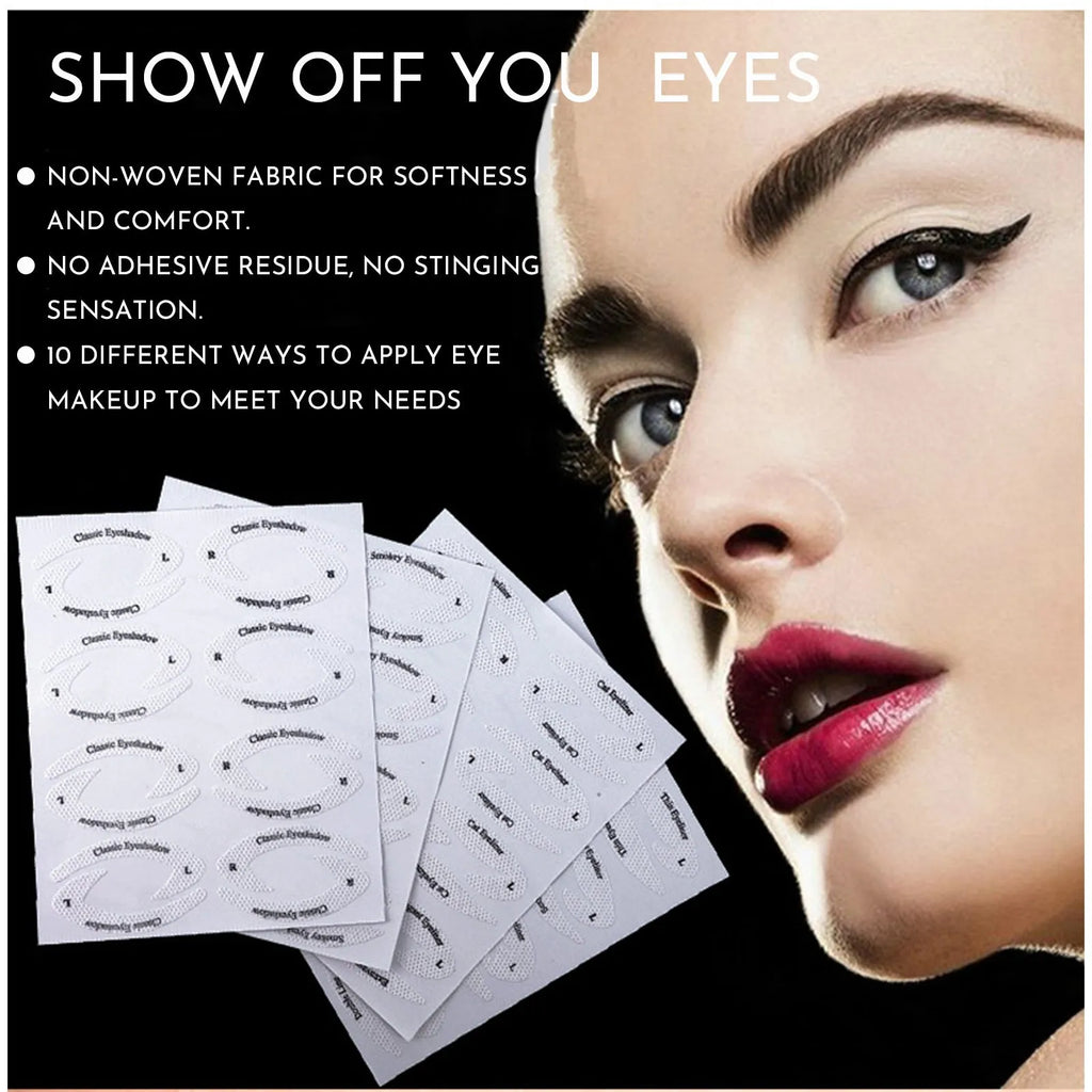 Set of four reusable flexible eyeliner sticker makeup templates on a pink background.