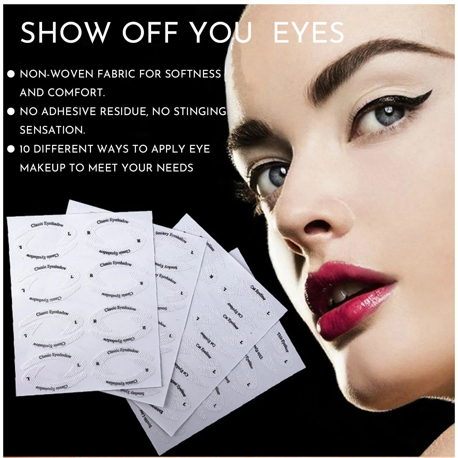 Set of four reusable flexible eyeliner sticker makeup templates on a pink background.