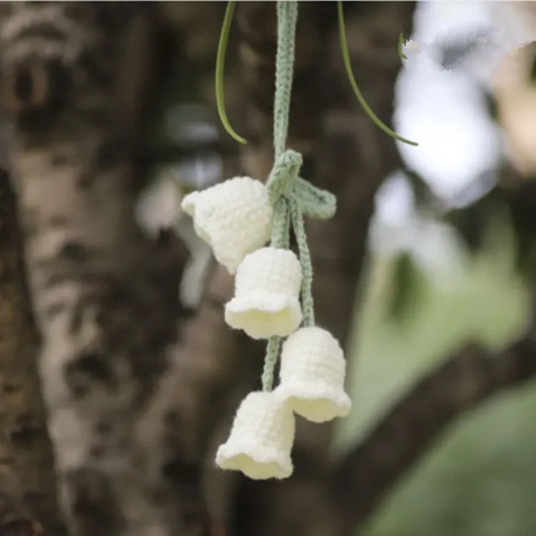 Green and white knitted wool car plant decoration with 8cm base and 25cm hanging rope
