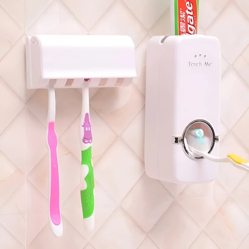 White and wine red plastic suction cup toothbrush and toothpaste holder set for bathroom walls.