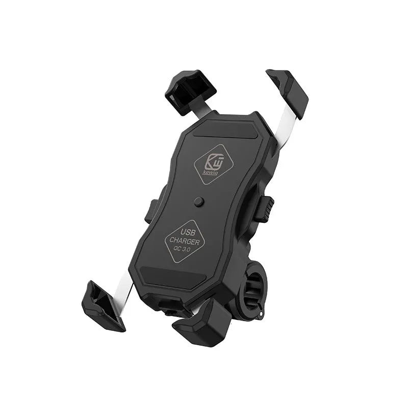 Anti-falling anti-shake bicycle bracket with automatic telescopic four claws holding a smartphone on a black handlebar