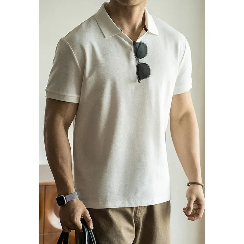 American-style blue cotton blend short sleeve polo shirt on hanger