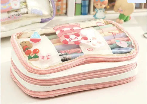 Transparent TPU pencil case with Japanese girl heart rabbit designs in red and pink colour options