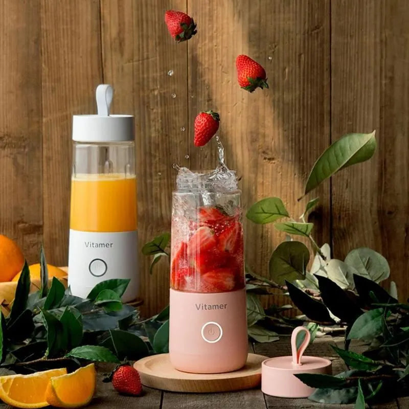White portable USB rechargeable blender juicer with 350ml Tritan cup and silicone carry handle