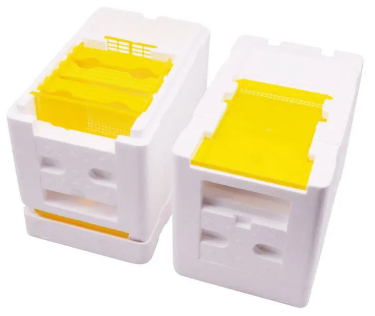Three white EPS foam mini delivery boxes for beehive pollination and breeding tool sets.