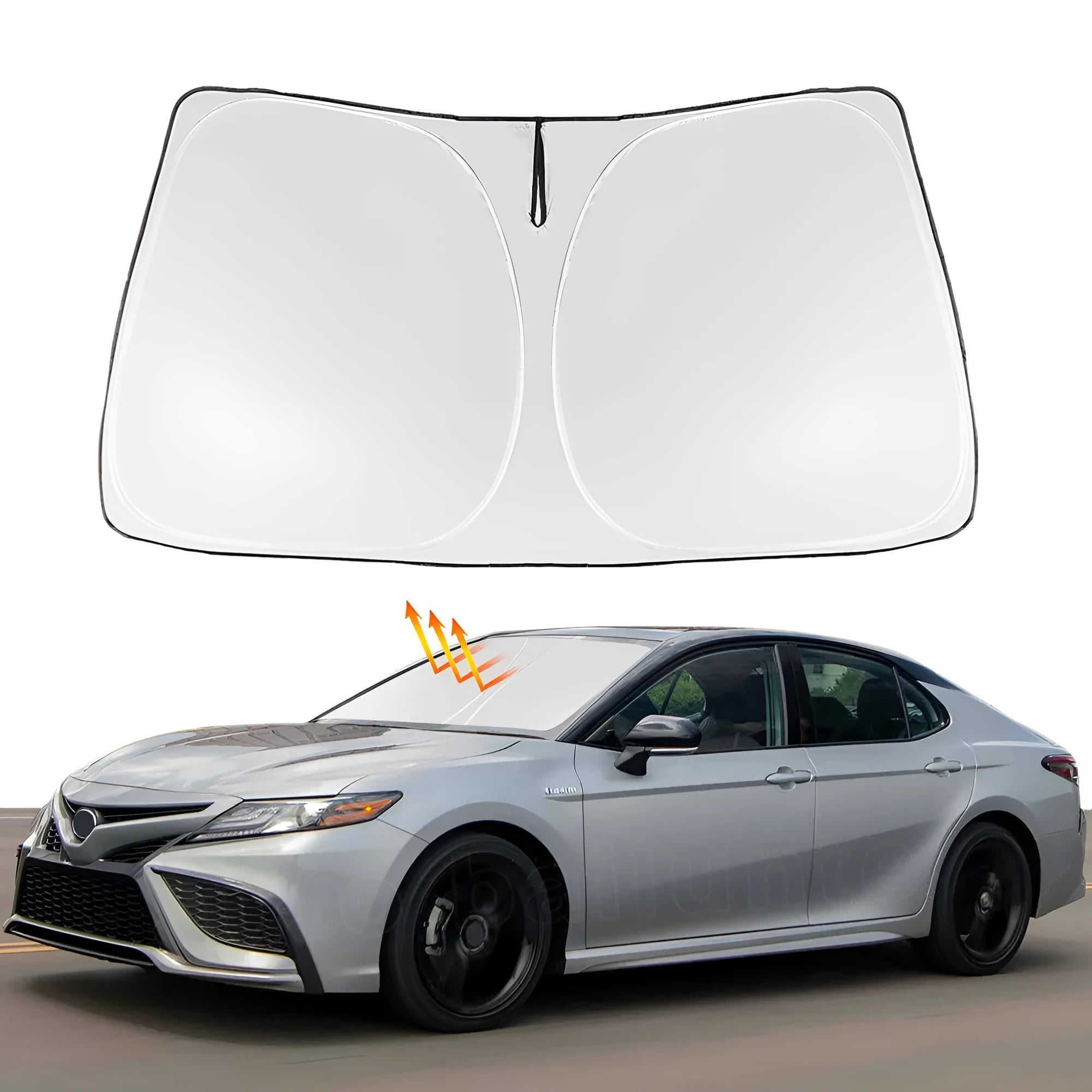 Silver reflective car sunshade for Toyota Noah/Voxy 90 series windshield.