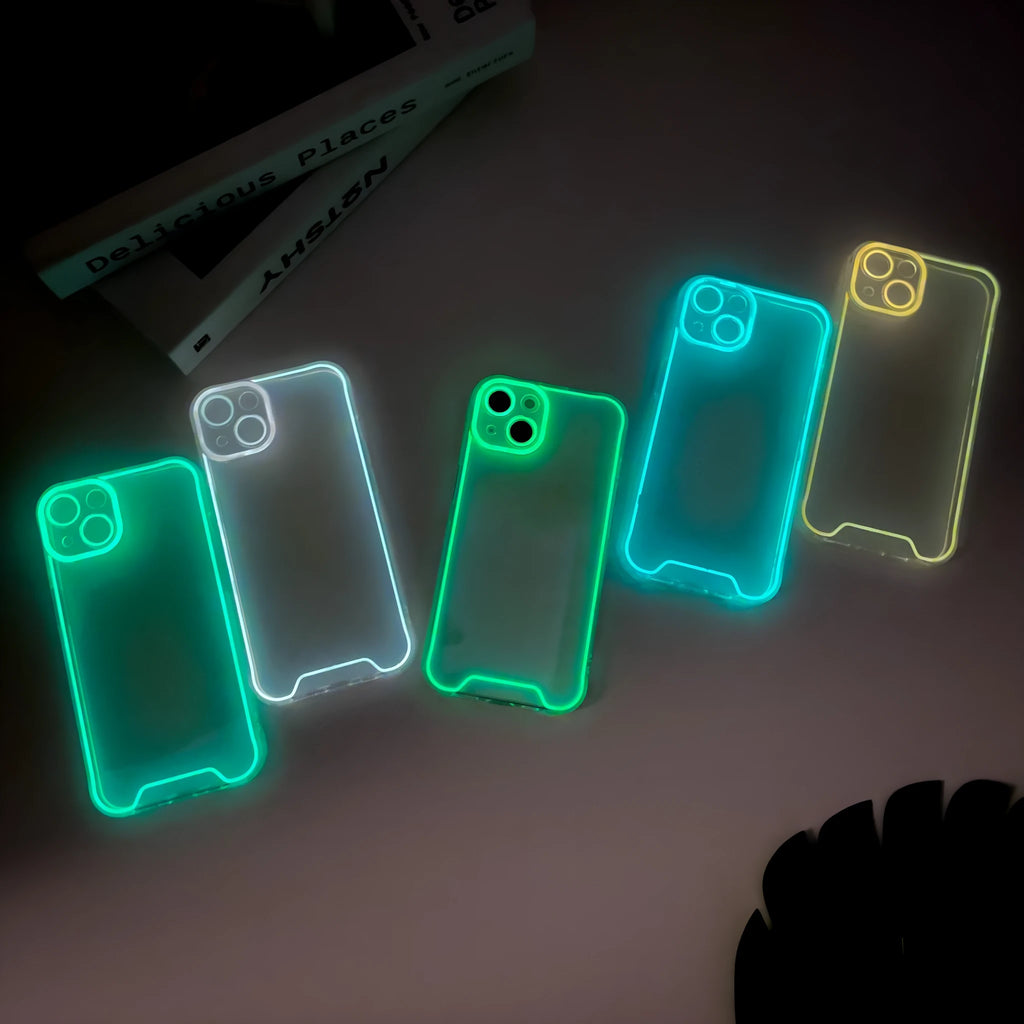 Green glow in the dark soft TPU Christmas phone case for Apple iPhone on a dark background.