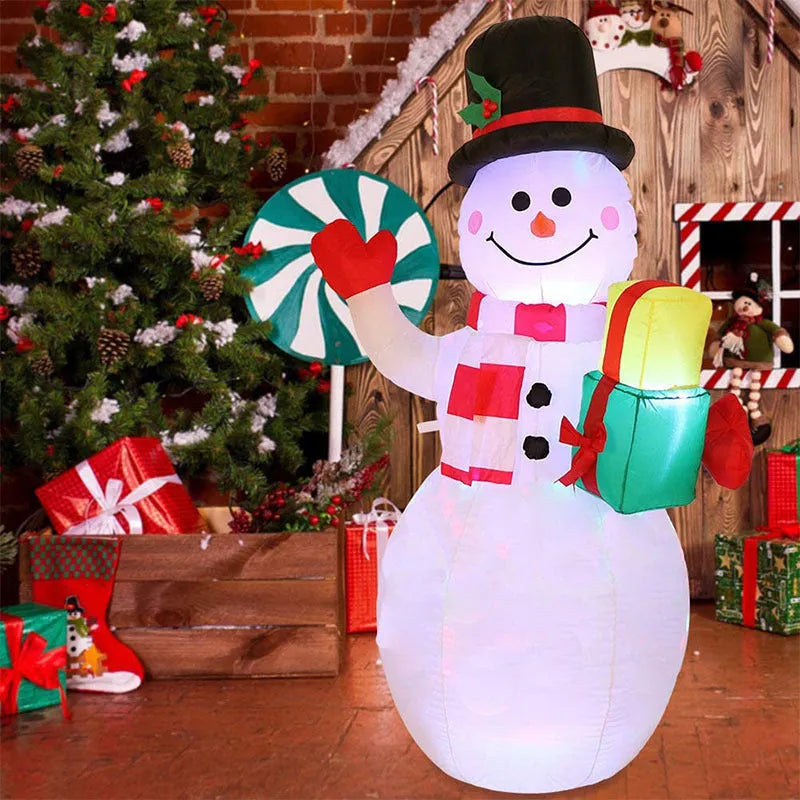 Outdoor Christmas inflatable decoration with LED lights showing Santa, snowman, and tree designs
