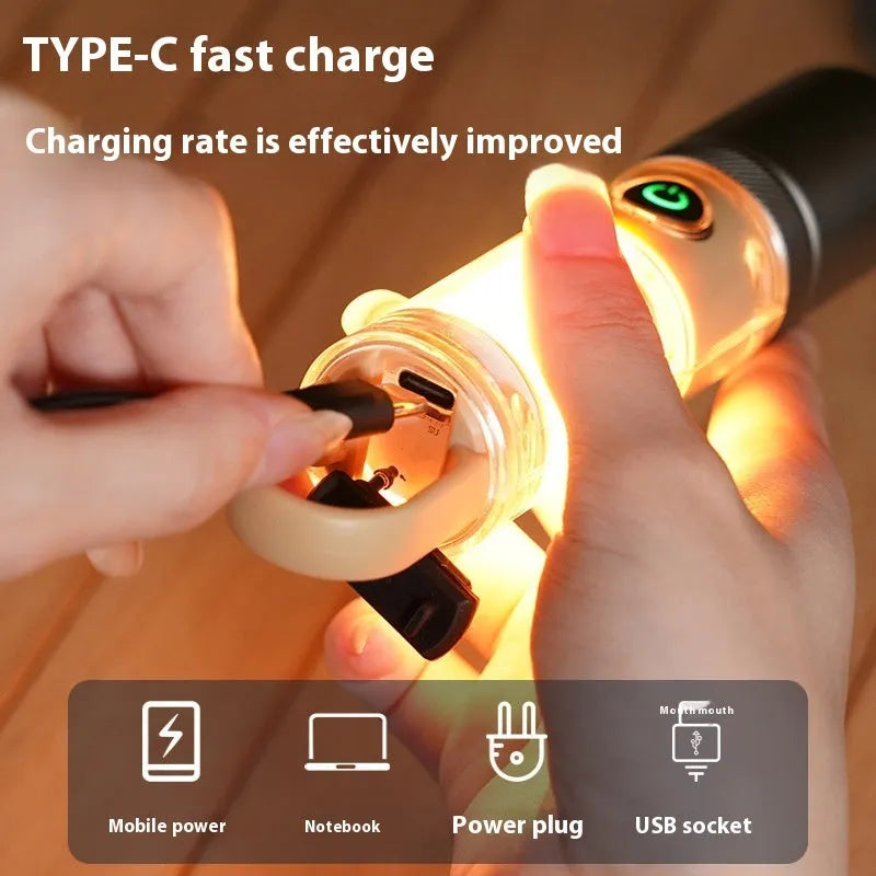 Orange and beige multifunctional flashlight with dual LED heads, optical zoom lens, and a metal hanging hook.