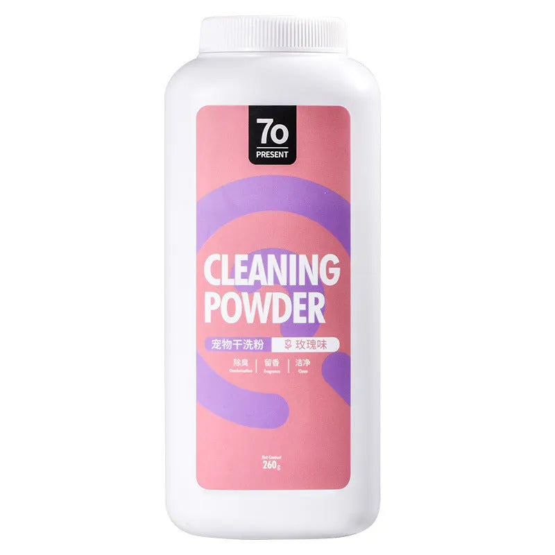 260g bottle of dog dry cleaning powder in Rose, Seville Orange, or Menthol scent for waterless bathing.