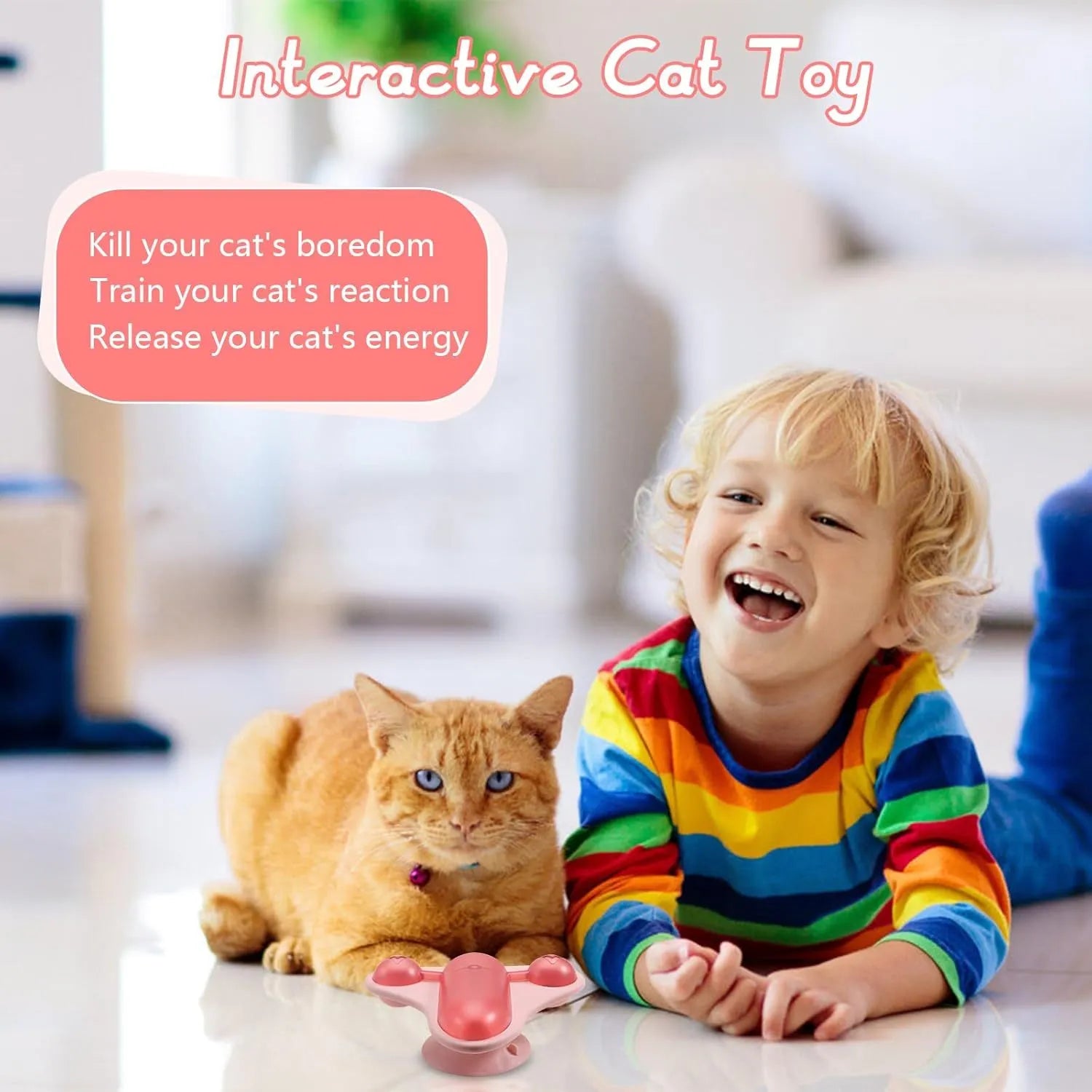 Interactive pet puzzle feeder with suction cup base showing bell, catnip and snack cabin components