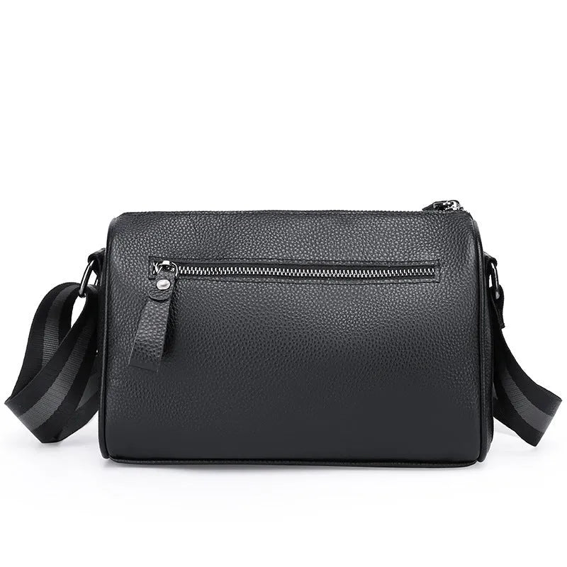 Black genuine leather one-shoulder crossbody bag with a large capacity.