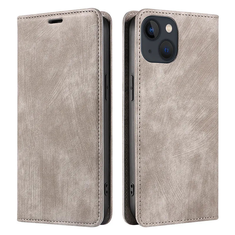 Magnetic flip phone case for iPhone in solid colours, showing TPU frame and leather cover.