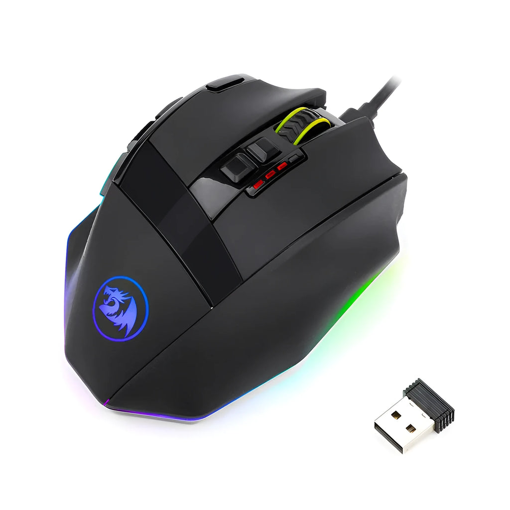 Redragon M801P black wireless gaming mouse with multiple side buttons on a desk.