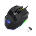 Redragon M801P black wireless gaming mouse with multiple side buttons on a desk.
