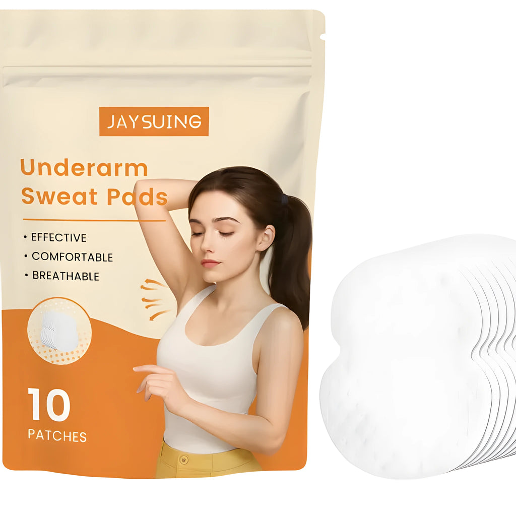 Pack of 10 white underarm sweat absorbing patches for inside clothing.