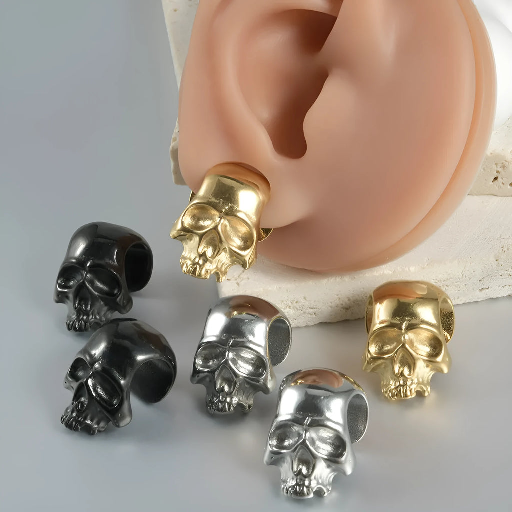 Personalised stainless steel hollow skull Buddha earrings in geometric design