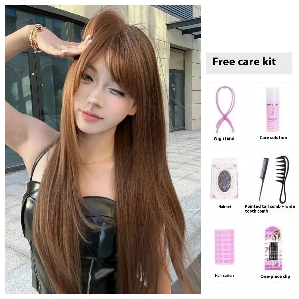 Warm tea chestnut brown long straight synthetic wig with face-framing bangs
