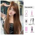 Warm tea chestnut brown long straight synthetic wig with face-framing bangs