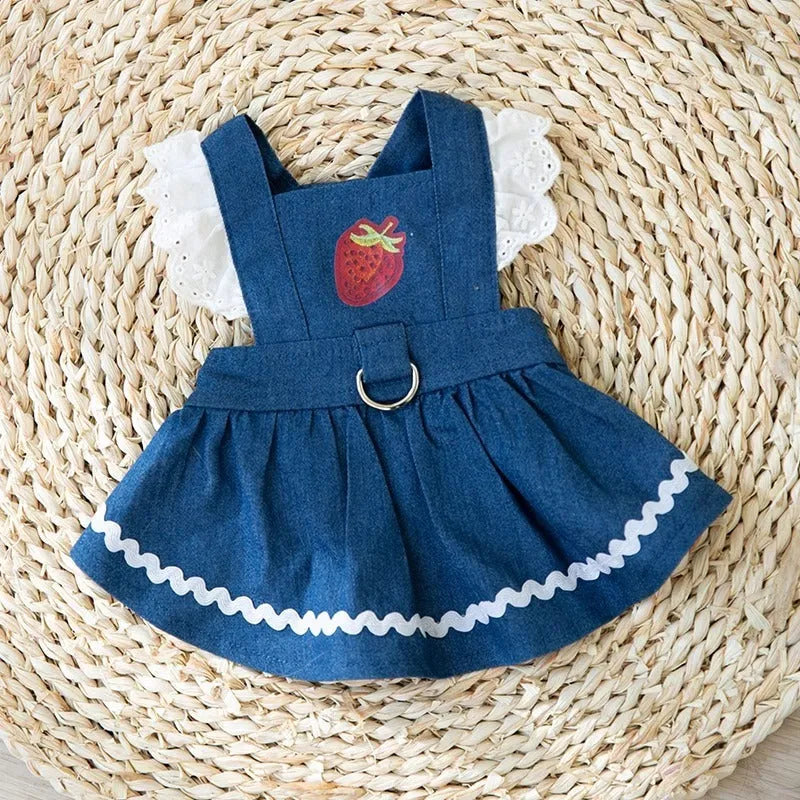 Bondi Blue denim dog skirt with strawberry embroidery on model dog