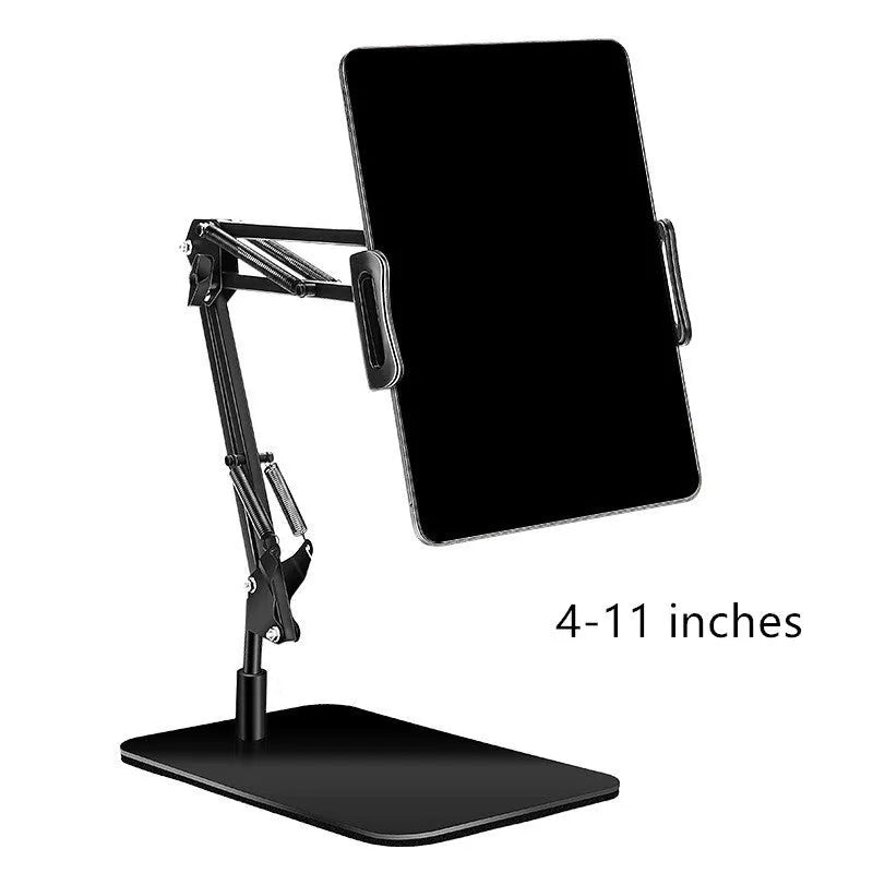Universal mobile phone stand with adjustable metal arm and circular plastic base