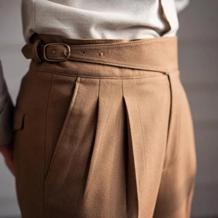 Men's high waist straight leg casual trousers in black polyester fabric on a mannequin.