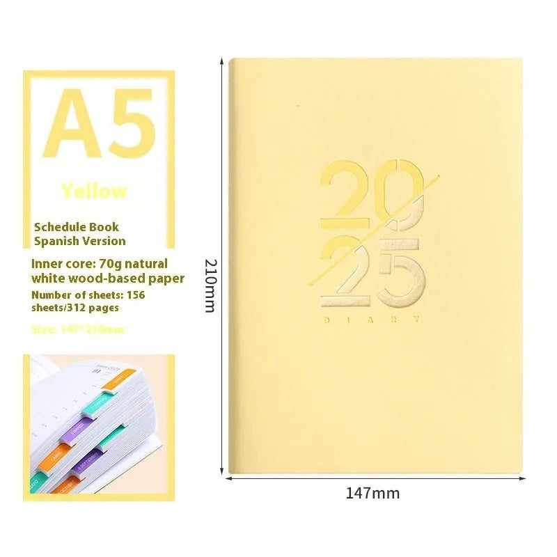 A5 faux leather daily schedule book open showing Dorian paper pages with binding detail