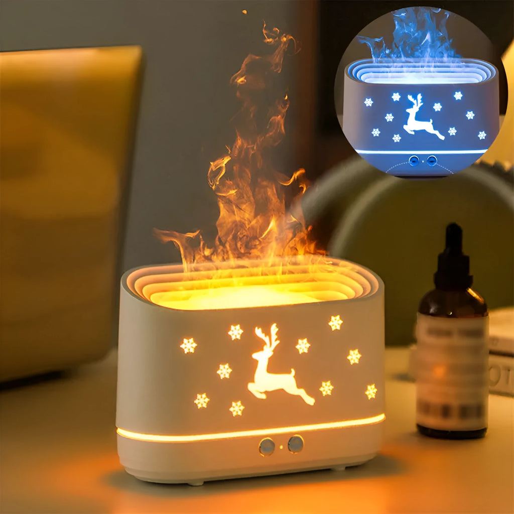 White flame effect humidifier diffuser with LED lighting and Christmas pattern, showing mist output