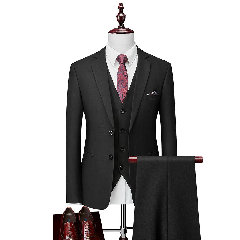 Men's navy blue plaid slim fit three-piece suit with vest, jacket, and trousers