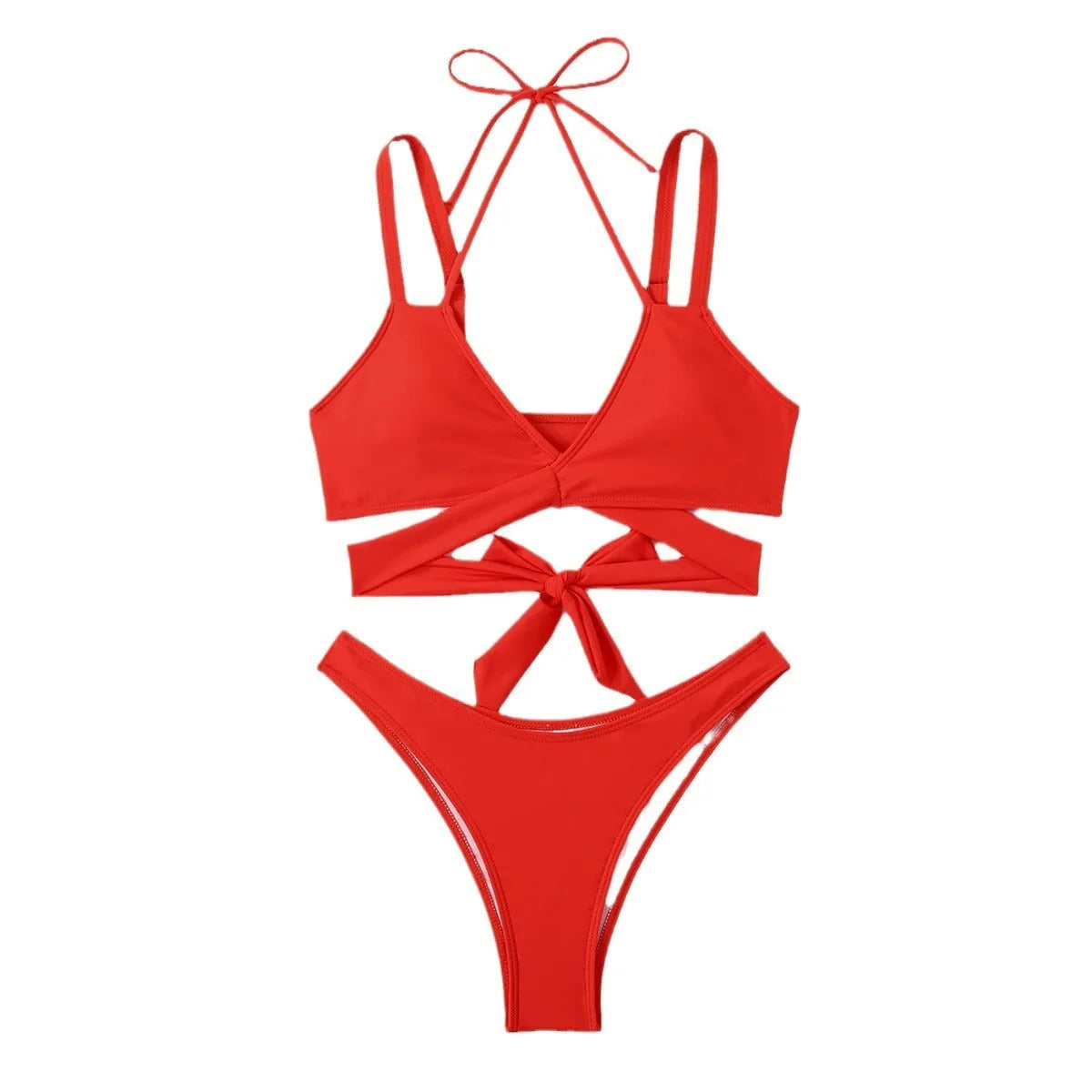 Women's solid colour strap bikini swimsuit in black, shown on a mannequin.