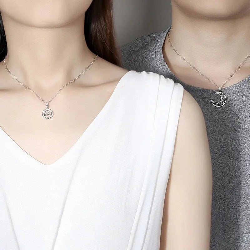 Sun moon couple necklace with copper pendant and cross chain in male and female colour variations