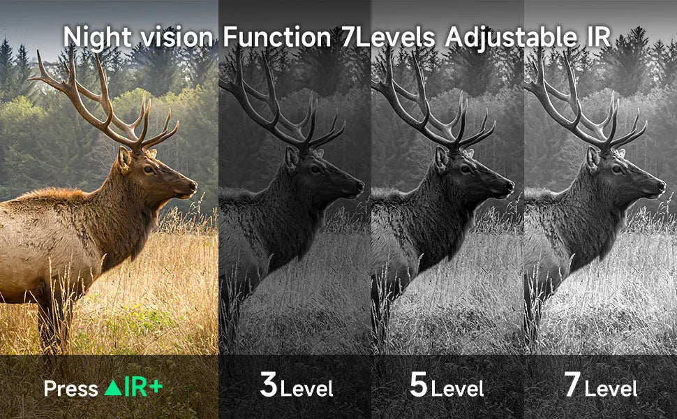 Black handheld 4K night vision monocular with LCD screen showing a clear night-time image.