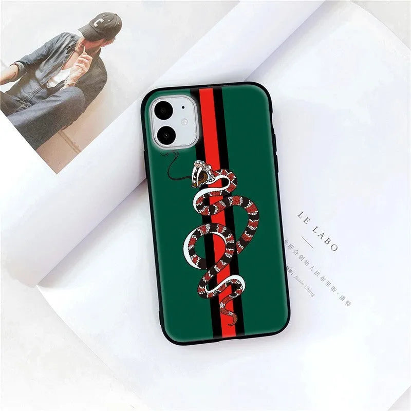 Black frosted silicone iPhone case with cartoon snake UV painting design on back