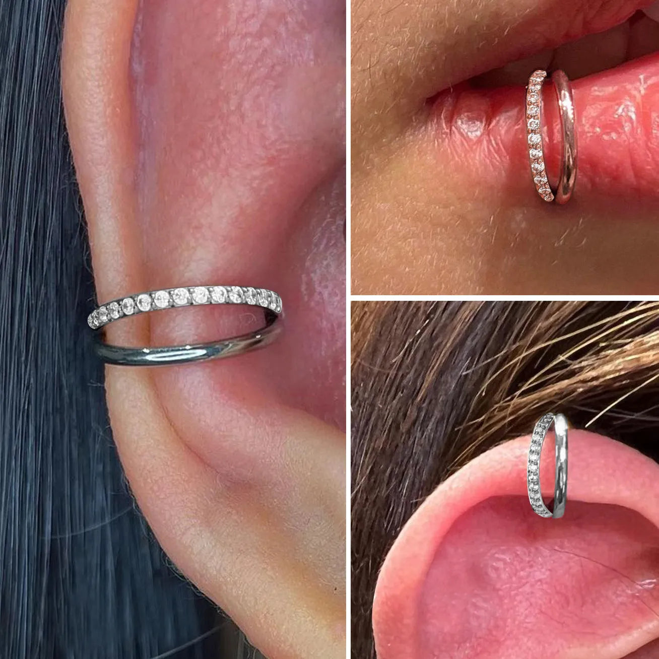 F136 titanium alloy nose ring stud shown in silver, gold, black and rose gold finishes.