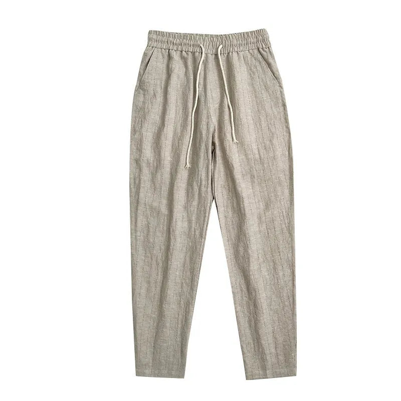 Men's striped linen-cotton casual trousers with a cropped length for summer.