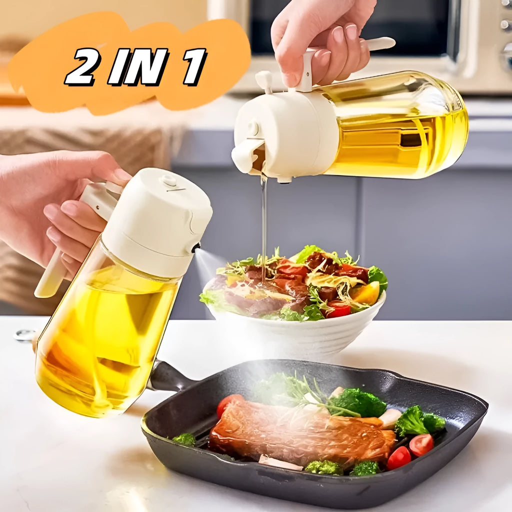 Glass olive oil sprayer and pour bottle with ergonomic handle in four colour options