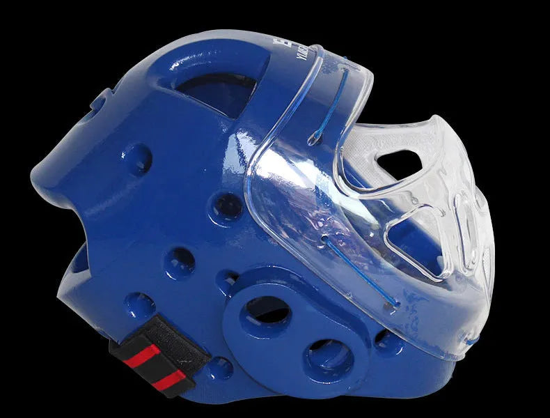 Karate helmet for boxing head protection shown in white, blue, and red colour options.