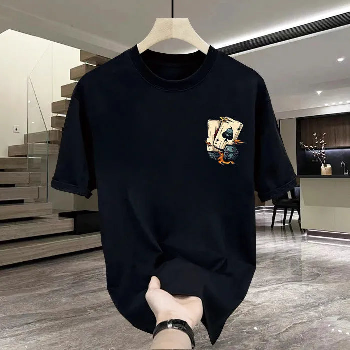 Men's heavyweight black and white pure cotton short-sleeved printed T-shirt showing size range from S to XXXXL.